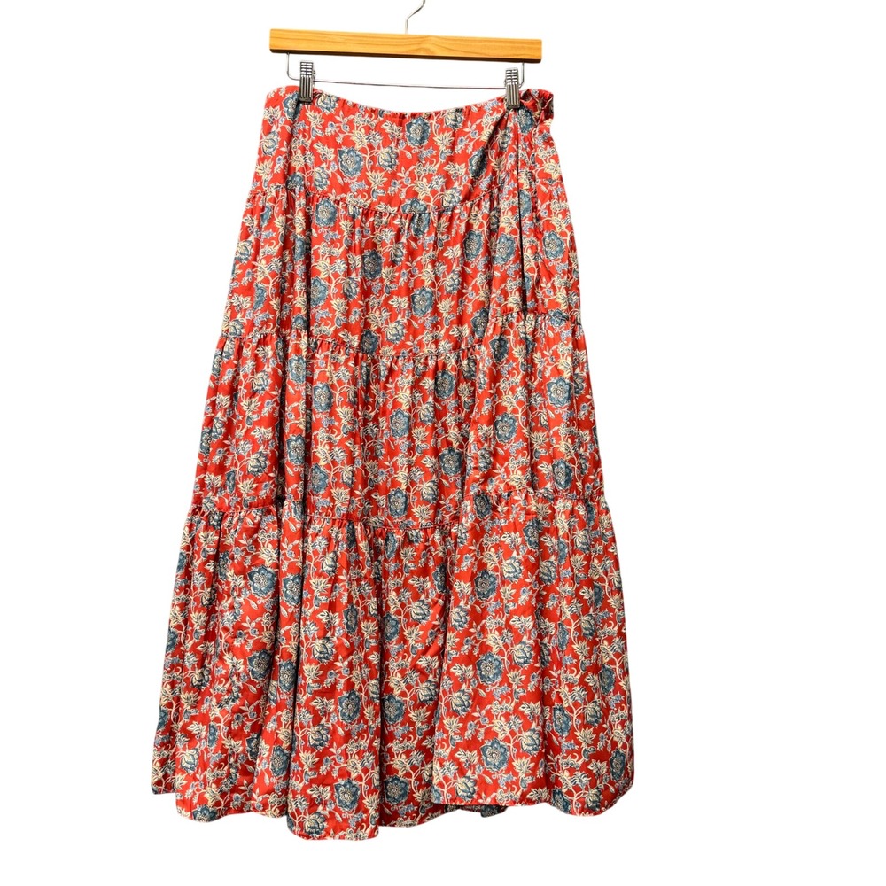 Lauren Ralph Lauren Maxi Skirt Womens 10 Tiered Floral Red Boho Satin Cottage